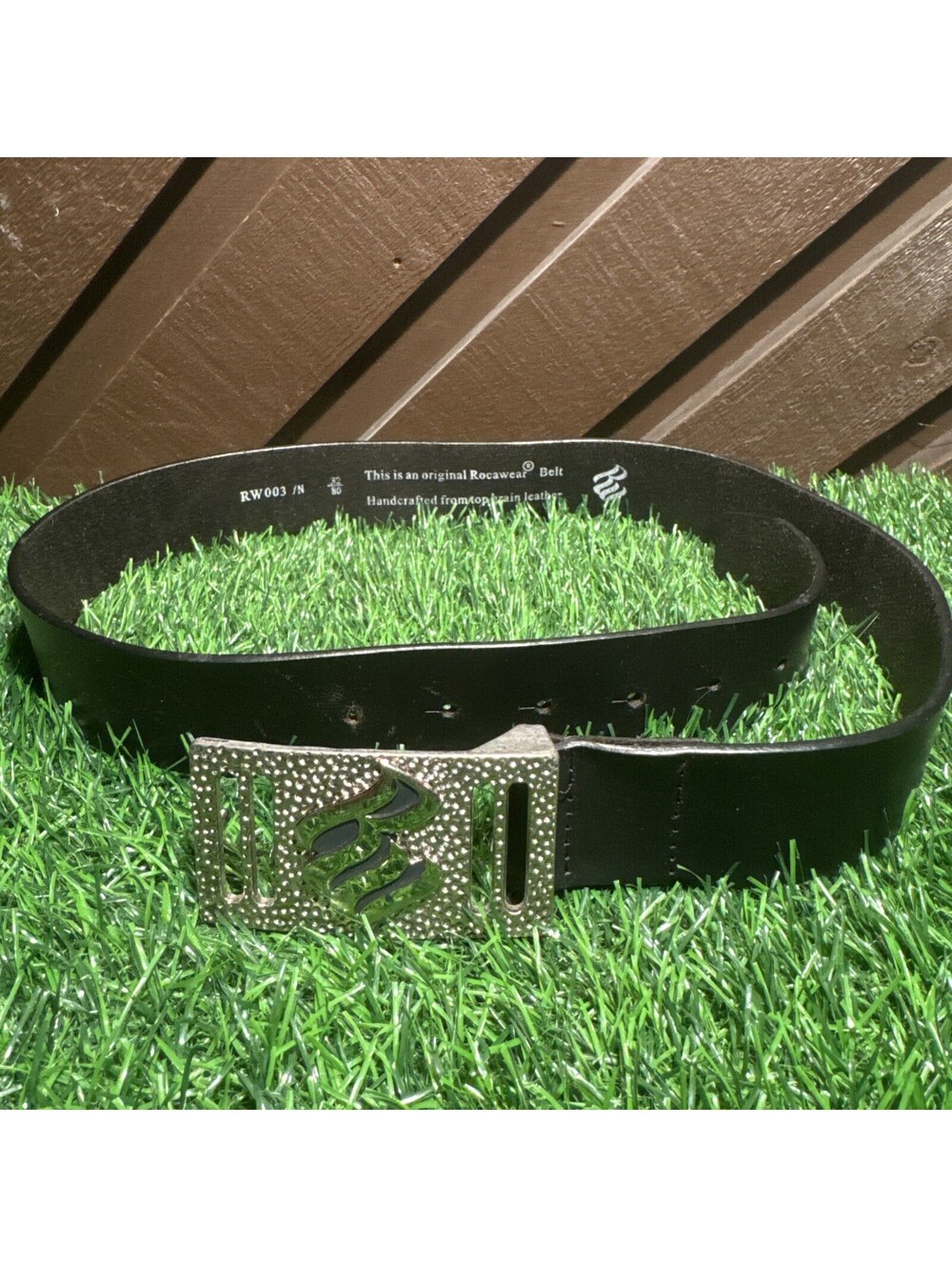 VTG Black Leather 32” Rocawear Belt And Belt Buckle